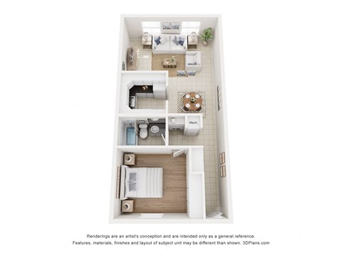 A 3D floor plan of a small apartment with a kitchen, living room, and bathroom.
